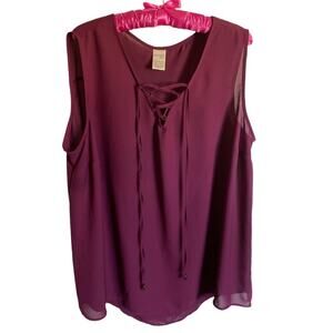 Terra & Sky Sheer Wine Front Tie Sleeveless Top size 1X 16/18W